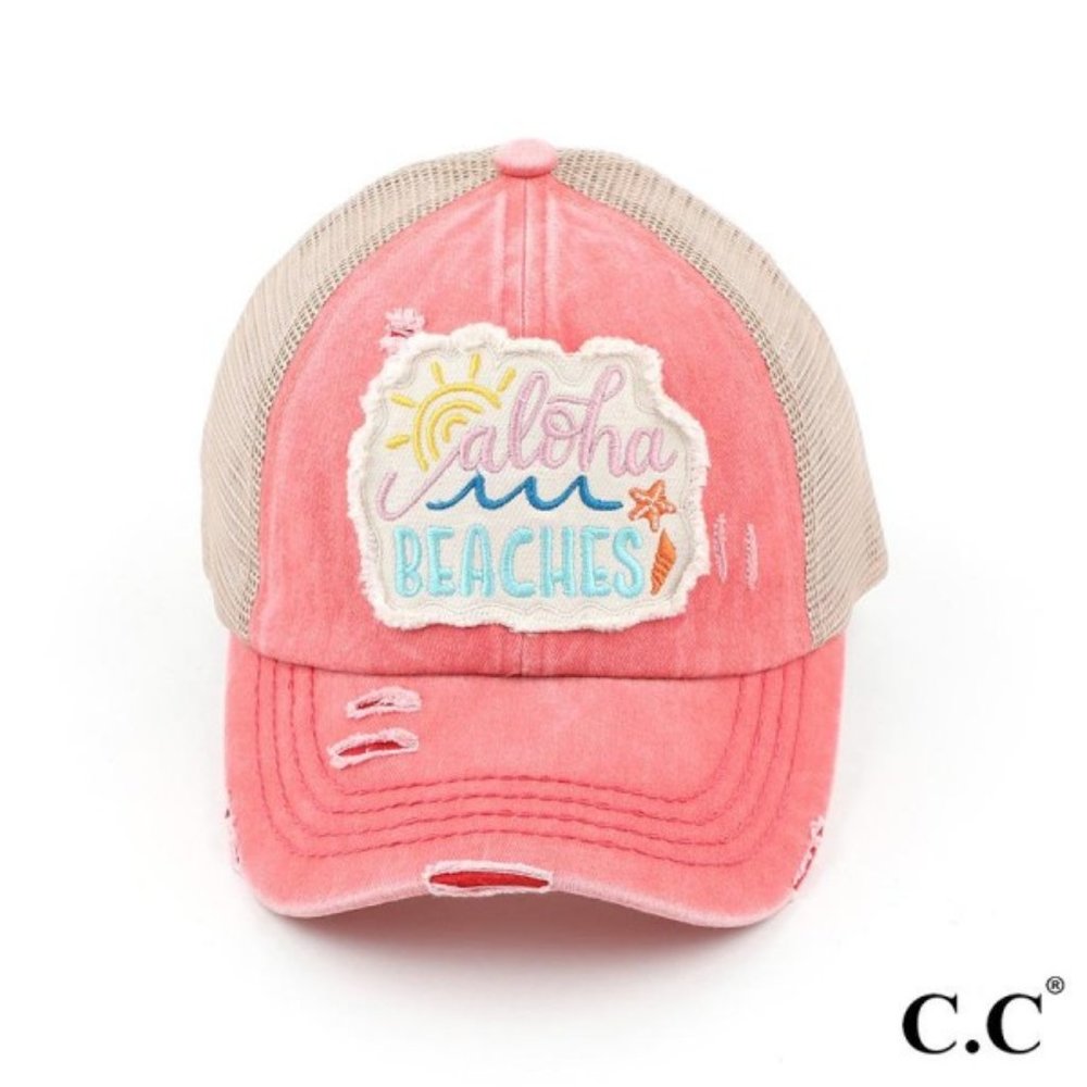 C.C "Aloha Beaches" Distressed Embroidered Aloha Beaches Patch Pony Cap